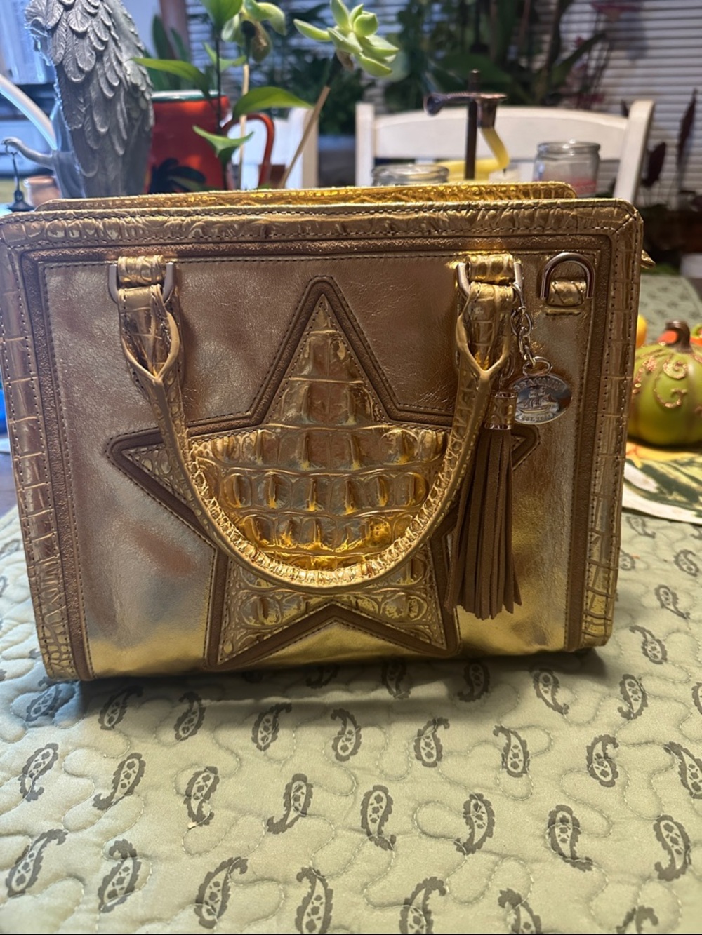 Brahmin Metallic Gold Star Embossed Satchel